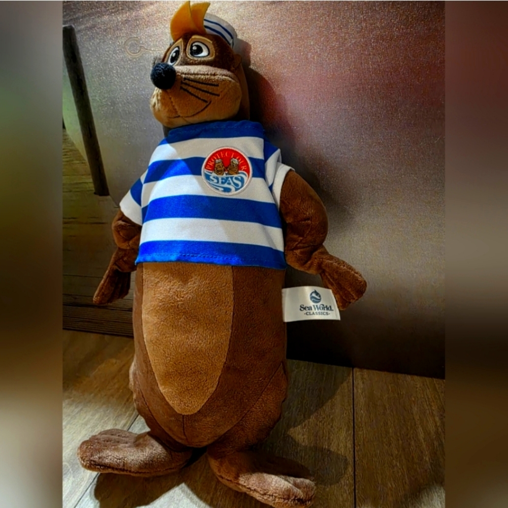 SeaWorld Brown Plush Seal with Blue Striped Shirt Sailor